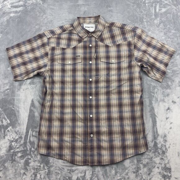 Poncho Shirt Mens Sz M The Dalhart Western Short Sleeve Brown Blue Plaid Snap - Picture 1 of 12